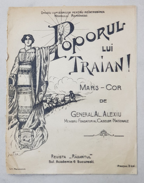 POPORUL LUI TRAIAN ! - MARS - COR de GENERAL AL. ALEXIU , PARTITURA , INTERBELICA