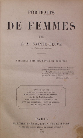 PORTRAITS DE FEMMES par C. - A. SAINTE - BEUVE , 1870