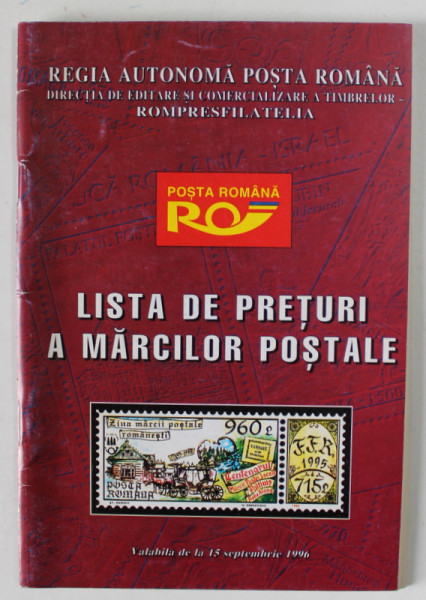 POSTA ROMANA , LISTA DE PRETURI A MARCILOR POSTALE , VALABILA DE LA 15 SEPTEMBRIE , 1996