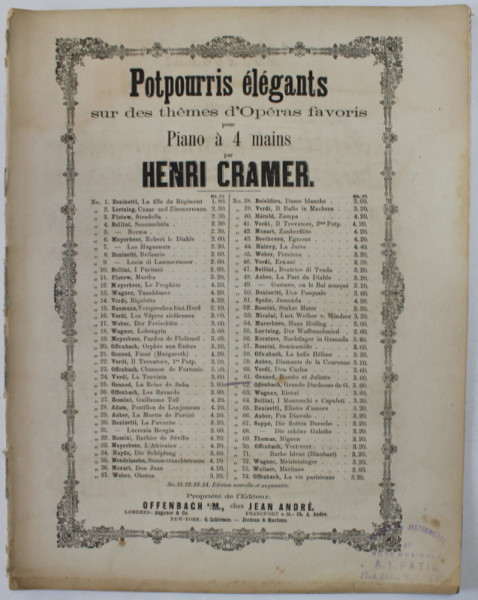 POTPURRIS ELEGANTS ..POUR PIANO A 4 MAINS par HENRI CRAMER : ROMEO UND JULIE von GOUNOD , INCEPUTUL SEC. XX , PARTITURA