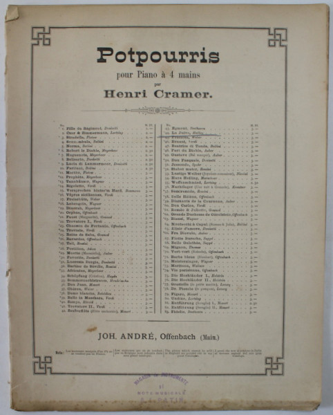 POTPURRIS POUR PIANO A 4 MAINS par HENRI CRAMER  : LA JUIVE par H. CRAMER , INCEPUT DE SECOL XX , PARTITURA