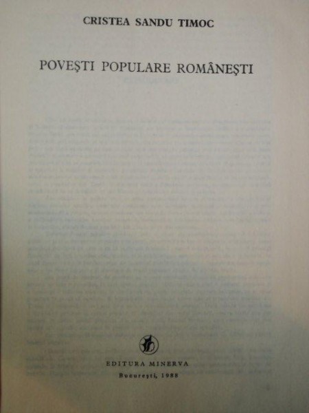 POVESTI POPUALRE ROMANESTI de CRISTEA SANDU TIMOC, BUC. 1988