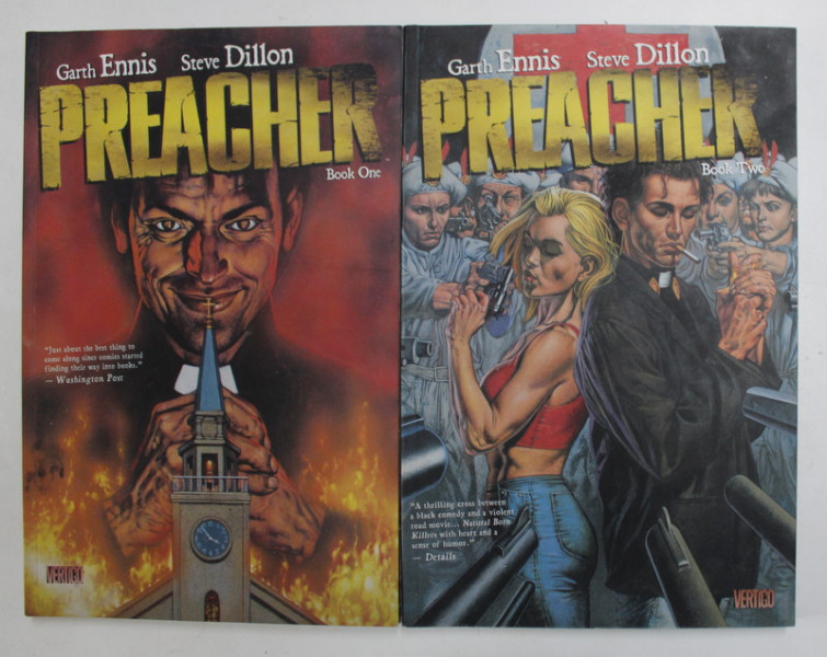 PREACHER by GARTH ENNIS and STEVE DILLON , TWO VOLUMES , 2013, BENZI DESENATE , 18 + !