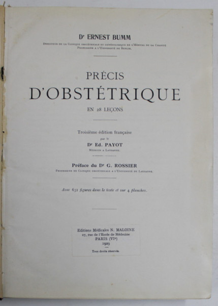 PRECIS D 'OBSTETRIQUE EN 28 LECONS par ERNEST BUMM , 1929