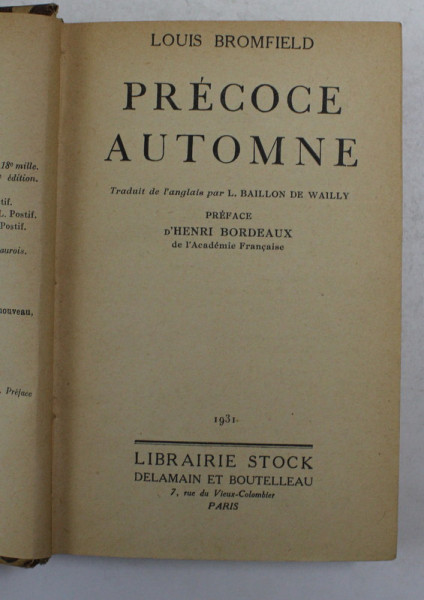 PRECOCE AUTOMNE par LOUIS BROMFIELD , 1931
