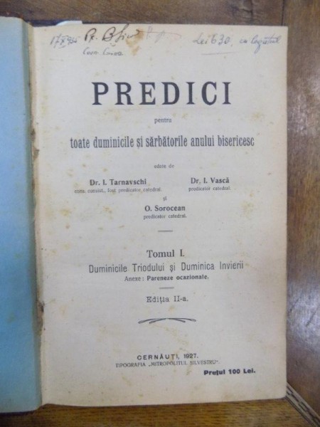 Predici pentru toate duminicile si sarbatorile anului bisericesc, III tomuri, Cernauti 1927