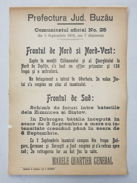 Prefectura Jud. Buzau Comunicatul oficial Nr. 25 de pe front din 8 Septembrie 1916