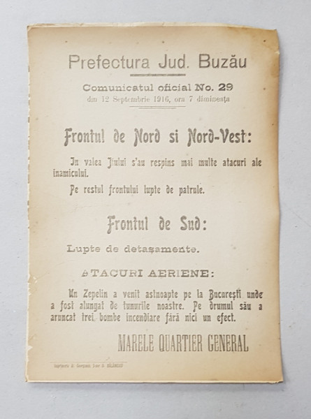 Prefectura Jud. Buzau Comunicatul oficial Nr. 29 de pe front din 12 Septembrie 1916