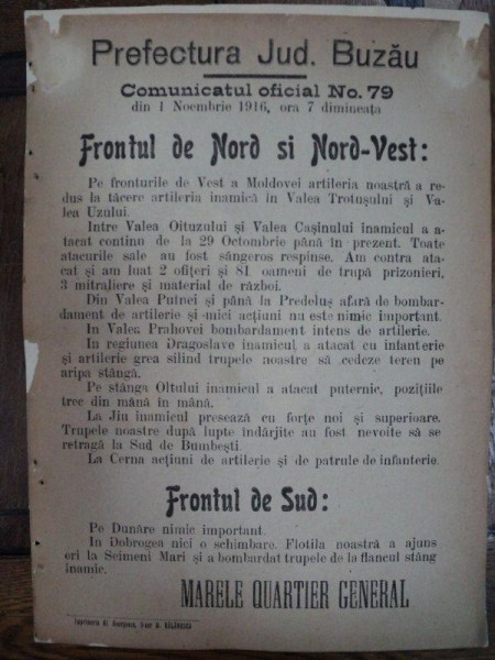 Prefectura Jud. Buzau Comunicatul oficial Nr. 79 de pe front din 1 Noembrie 1916