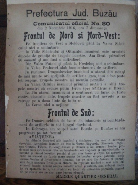 Prefectura Jud. Buzau Comunicatul oficial Nr. 80 de pe front din 2 Noembrie 1916