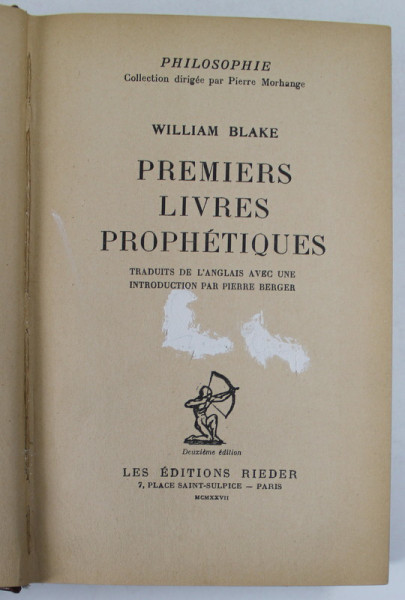 PREMIERS LIVRES PROPHETIQUES par WILLIAM BLAKE , 1928