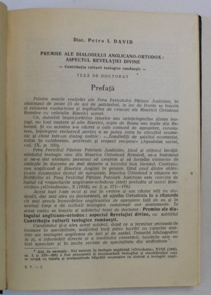 PREMISE ALE DIALOGULUI ANGLICANO - ORTODOX : ASPECTUL REVELATIEI DIVINE - CONTRIBUTIA CULTURII TEOLOGICE ROMANESTI , TEZA DE DOCTORAT de  Diacon  PETRU I.DAVID , 1976