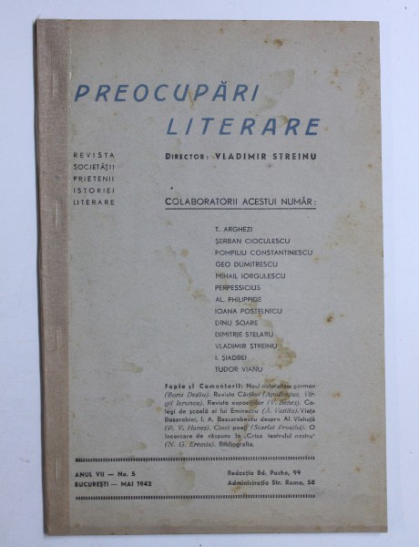 PREOCUPARI LITERARE , DIRECTOR : VLADIMIR STREINU , ANUL VII , NR. 5 , MAI 1942
