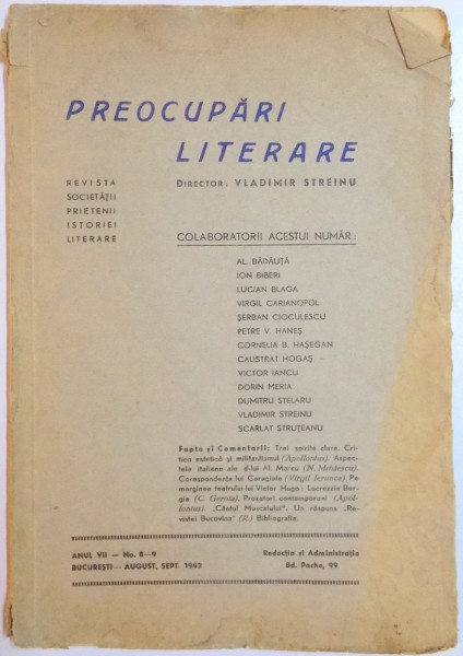 PREOCUPARI LITERARE , DIRECTOR : VLADIMIR STREINU , ANUL VII , NR. 8-9 , AUGUST, SEPTEMBRIE 1942