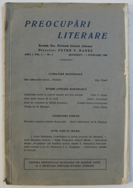 PREOCUPARI LITERARE  - REVISTA SOC ."  PRIETENII ISTORIEI LITERARE " , ANUL I . , VOL. I - NR . 2 , 1 FEBRUARIE 1936