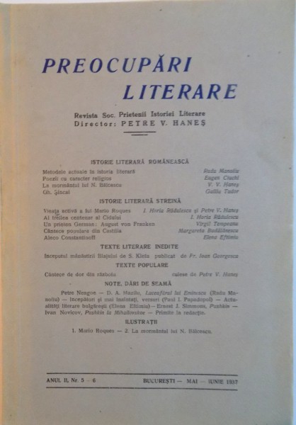 PREOCUPARI LITERARE, REVISTA SOC.PRIETENII ISTORIEI LITERARE, ANUL II, NR. 5-6 de PETRE V. HANES, MAI-IUNIE 1937