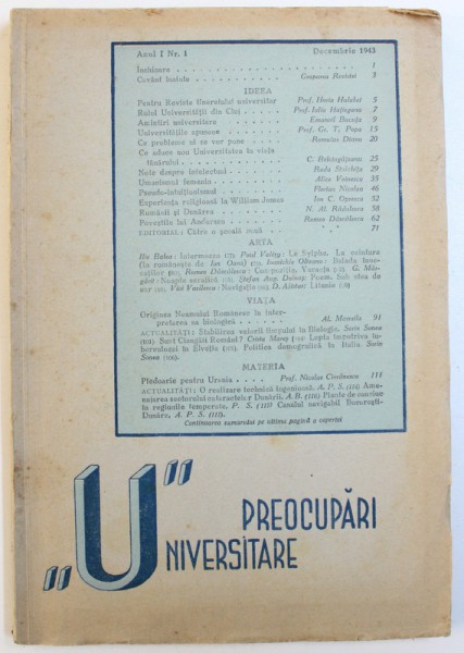 PREOCUPARI  "U"NIVERSITARE , REVISTA , ANUL I, NR. I , DECEMBRIE ,  1943