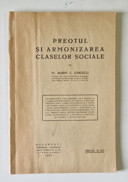 PREOTUL SI ARMONIZAREA CLASELOR SOCIALE de Pr. MARIN C. IONESCU , 1925
