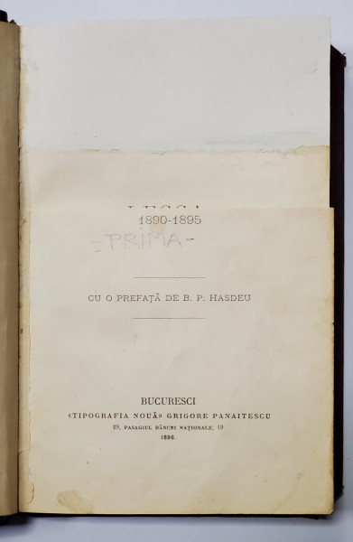 PRIMA  - 1890 - 1895 de HARALAMB G. LECCA - BUCURESTI, 1896