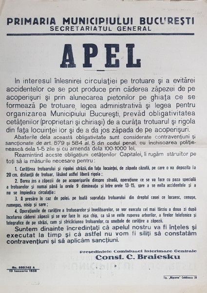 PRIMARIA MUNICIPIULUI BUCURESTI, APEL, 13 Ianuarie 1938