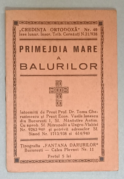 PRIMEJDIA  MARE A BALURILOR de  TOMA GHERASIMESCU si VASILE IONESCU , 1940