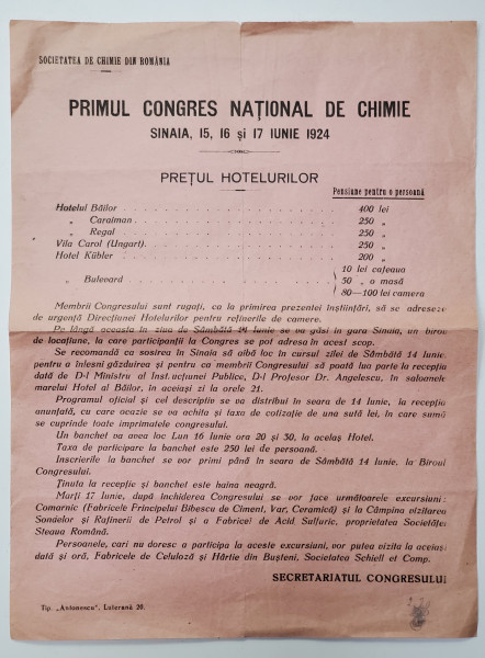 PRIMUL CONGRES NATIONAL DE CHIMIE , AFIS , 15 - 17 IUNIE , 1924