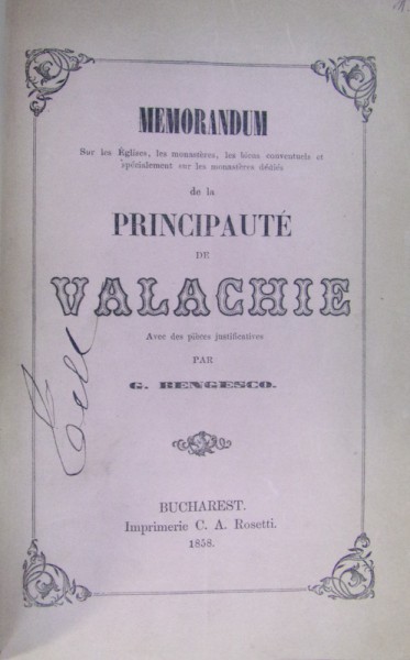 PRINCIPAUTE  DE VALACHIE , G. BENGESCO, BUCHAREST,1858