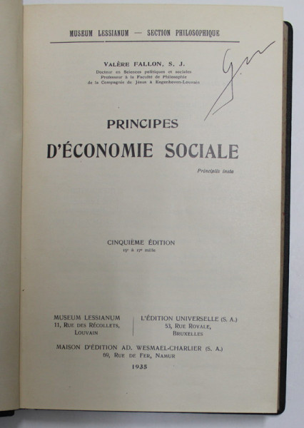 PRINCIPES D 'ECONOMIE SOCIALE par VALERE FALLON , 1935