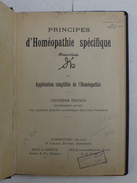 PRINCIPES D'HOMEOPATIE SPECIFIQUE - APPLICATION SIMPLIFIEE DE L 'HOMEOPATHIE , 1934