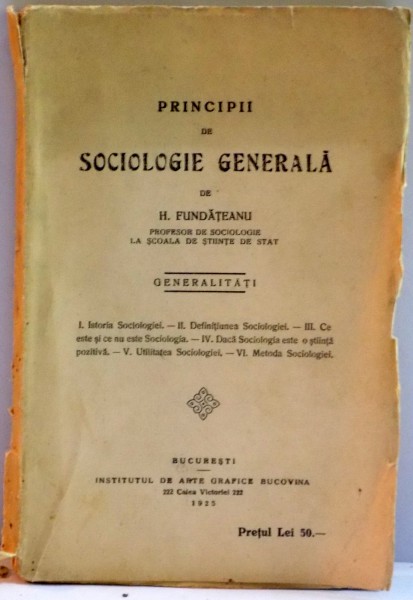 PRINCIPII DE SOCIOLOGIE GENERALA de H. FUNDATEANU , 1925
