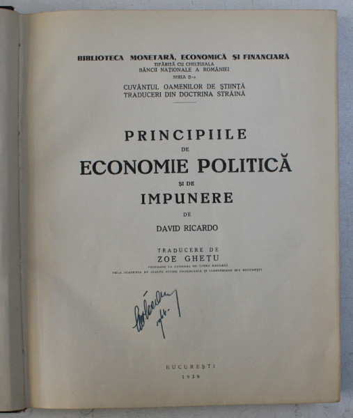PRINCIPIILE DE ECONOMIE POLITICA SI DE IMPUNERE de DAVID RICARDO , 1939