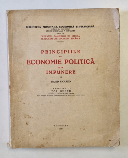 PRINCIPIILE DE ECONOMIE POLITICA SI DE IMPUNERE de DAVID RICARDO , 1939
