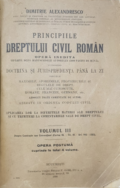 PRINCIPIILE DREPTULUI CIVIL ROMAN de DIMITRIE ALEXANDRESCO , VOLUMUL III , 1926