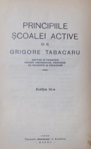 PRINCIPIILE SCOALEI ACTIVE de GRIGORE TABACARU, 1928