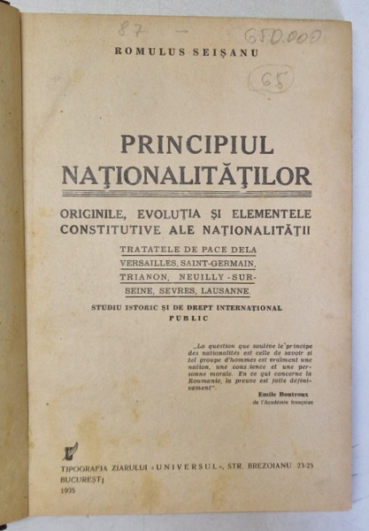 PRINCIPIUL NATIONALITATILOR de ROMULUS SEISANU , EDITIA I , 1935 * LEGATURA VECHE