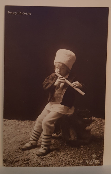 PRINTUL NICOLAE , COPIL , IN COSTUM POPULAR , CU FLUIERUL , FOTOGRAFIE TIP CARTE POSTALA , COLECTIA A . BRAND , SINAIA , INCEPUTUL SEC. XX
