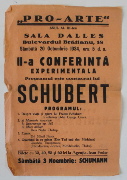 ' PRO - ARTE ' , AFISUL CONFERINTEI EXPERIMENTALE , PROGRAM CONSACRAT LUI SCHUBERT , 1934