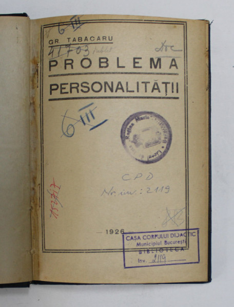 PROBLEMA PERSONALITATII de GR. TABACARU , 1926