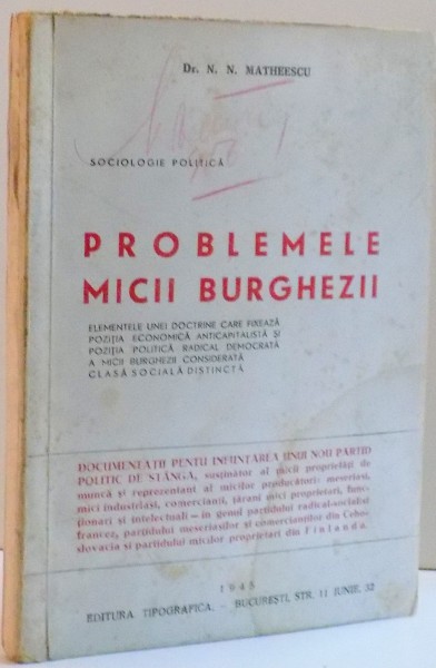 PROBLEMELE MICII BURGHEZII , DE N. N. MATHEESCU , 1945