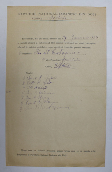 PROCES VERBAL CU OCAZIA CONSTITUIRII  UNUI COMITET AL PARTIDULUI NATIONAL - TARANESC DIN DOLJ , COMUNA ISALNITA , 24 IANUARIE 1938