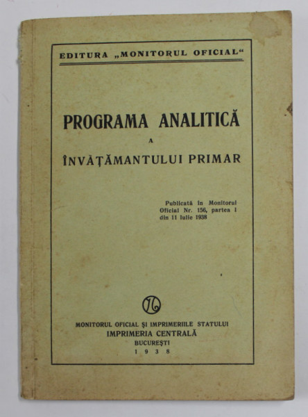 PROGRAMA ANALITICA A INVATAMANTULUI PRIMAR , 1938