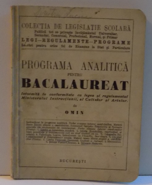 PROGRAMA ANALITICA PENTRU BACALAUREAT , BUCURESTI