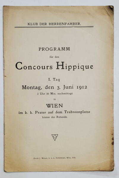 PROGRAMM FUR DEN CONCOURS HIPPIQUE , WIEN ,  MONTAG , 3 JUNI , 1912