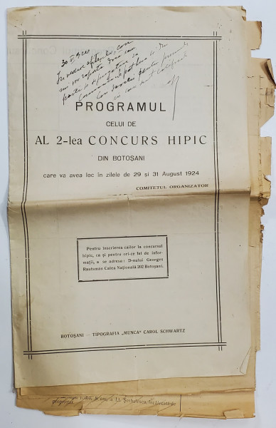 PROGRAMUL CELUI DE AL 2 -LEA CONCURS HIPIC DIN BOTOSANI , 29 si 31 AUGUST 1924