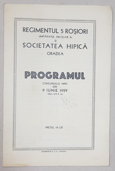 PROGRAMUL CONCURSULUI HIPIC - ORADEA, 1929
