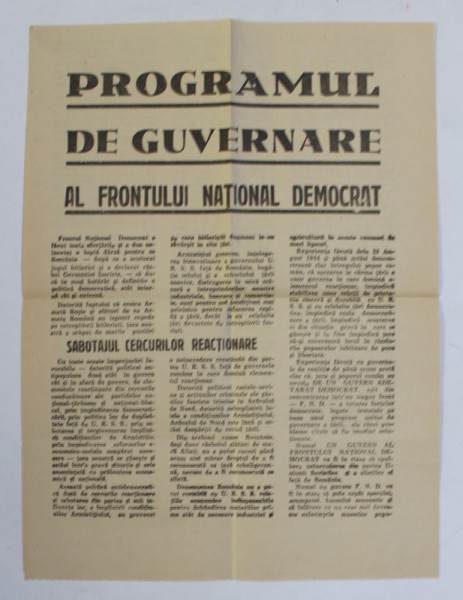 PROGRAMUL DE GUVERNARE AL FRONTULUI NATIONAL DEMOCRAT , AFIS ELECTORAL , 27 IANUARIE 1945