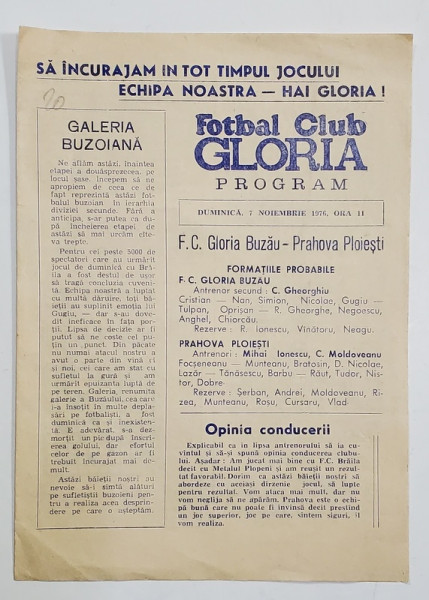 PROGRAMUL MECIULUI GLORIA  BUZAU - PRAHOVA PLOIESTI , DUMINICA , 7 NOIEMBRIE , 1976