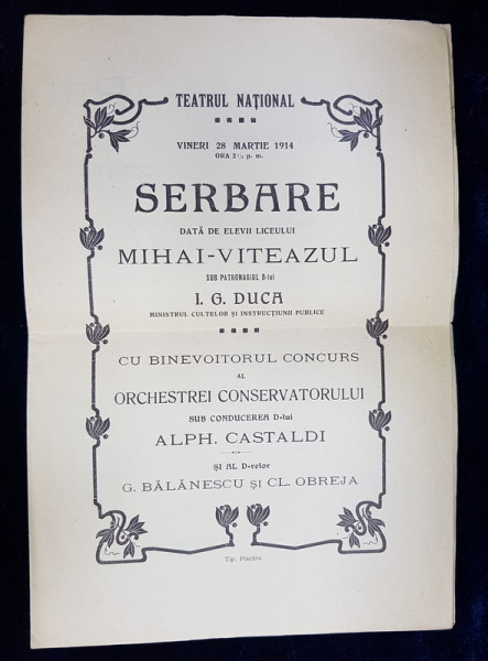PROGRAMUL SERBARII DATE DE ELEVII LICEULUI MIHAI - VITEAZUL LA TEATRUL NATIONAL DIN BUCURESTI , 28 MARTIE 1914