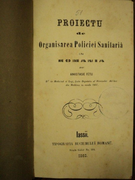 Proiect de Organizare a Politiei Sanitare in Romania, Anastasie Fatu, Iasi 1863