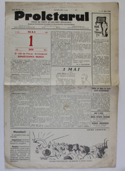 PROLETARUL - FOAIE DE LUPTA SI CULTURA SOCIALISTA - ORGANUL PARTIDULUI SOCIALIST AL MUNCITORILOR DIN ROMANIA , ANUL III , NO. 20 , 1 - 17 MAI 1930